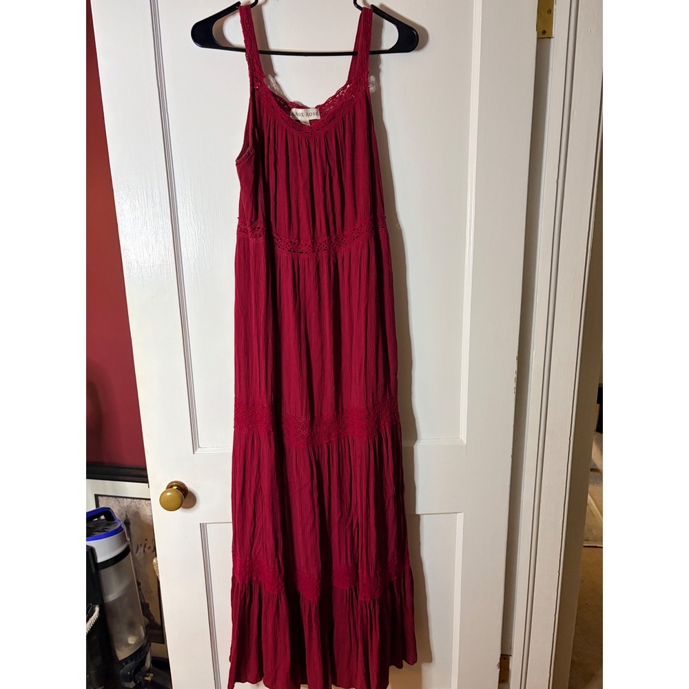Knox Rose Burgundy Crochet Lace Trim Tiered Crinkle Maxi Dress Womens Medium